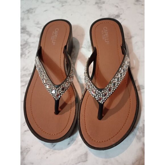 Capelli of New York Other - Capelli New York Black Wedge Flip Flops with Jeweled Straps Size 3-4